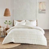 3 Pcs Luxury Duvet Set With Pom Pom Lace -  White